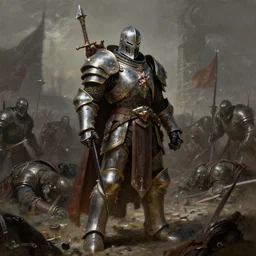 a heavily armoured death knight standing in a battlefield of fallen warriors, by thomas cole and wayne barlowe