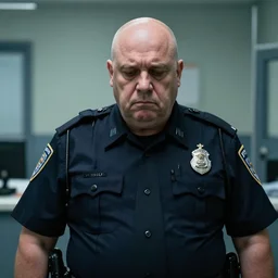 noir portrait of old, fat, bald, police chief lorenzo, looking sad and alone in a police station