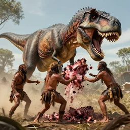 a highly detailed tribesman getting brutally eaten by a tyrannosaurus rex, high definition, national geographic, 4 k
