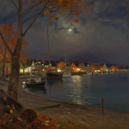 victorian harbour night, a beautiful painting by atkinson grimshaw, autumn,
