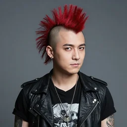 young man with a red dyed mohawk, dressed in punk clothing, punk style, crustpunk, portrait photo, attractive, handsome