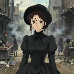 film still of a woman wearing a long black victorian dress corset and hat, brown hair tied up in bun, backdrop dirty victorian slum back street, street sellers, urchins, smoke smog atmosphere, closeup finely detailed face features, yandere grimdark, pixiv, by makoto shinkai, takashi takeuchi, studio ghibli, akihiko yoshida,