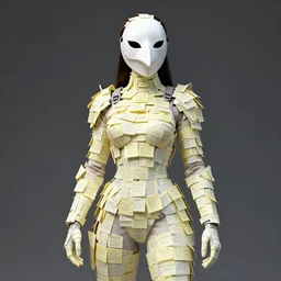 female adventurer in tight full - body sticky note armor made out of several hundred sticky notes and a white porcelain crow mask, trending in artstation, japanese, artstation, establishing shot