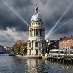neoclassical tower with dome in a waterway, next to a urban train, pinterest, artstation trending, behance, watercolor, by coby whitmore, silver, laser light,