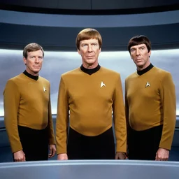 a screencap of captain kirk, mr. spock and doctor mccoy on the bridge of the enteprise, in star trek the original series, analog