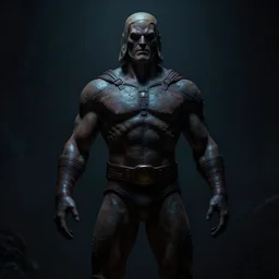 A He-Man with a dark manner, centered fullest body character pose, uncut, atmospheric, dark, mysterious, shadowy, eerie, ominous, cinematic, colored, ZBrush, rendered by Marcus Whinney