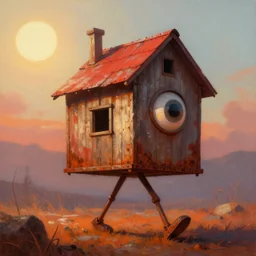 a walking wood and metal house with two legs and one big eye, rust, hyperrealistic, highly detailed, cinematic, single ray of sun, morning, pareidolia, gravity falls style, red and orange dominance, beautiful, cgssociety, artstation, 8 k, oil painting, digital art