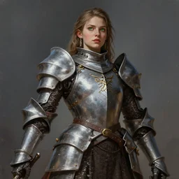 highly detailed full body portrait painting of a proud young female knight in the style of Warhammer Fantasy by Craig Mullins, medium hair, green eyes, earrings, no helmet, low angle shot, highly detailed, trending on artstation, cgsociety, 4k, 8k, HDR, octane render, unreal engine