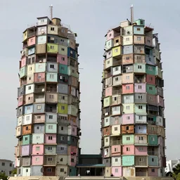 two organic looking towers, made up of makeshift squatter shacks with pastel colours, dystopia, hasselblad x 1 d, fully frontal view, very detailed, photographed by jeanette hagglund