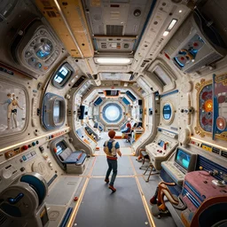 Rococó space station interior, kim jung gi style, Greg Rutkowski, Zabrocki, Karlkka, Jayison Devadas, trending on Artstation, 8K, ultra wide angle, zenith view, pincushion lens effect