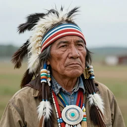 Photo of Native American man Donald Tramp, portrait, skilled homeless, realistic, detailed, Donald Tramp, photorealistick, Sony A7R