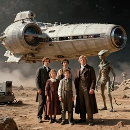 highly detailed, 268435456k film, 70mm still from a sci fi blockbuster color movie made in 2019, set in 1860, of a family standing in front of a spaceship that has just landed on an alien planet, a humanoid alien creature stands nearby, the family are all wearing 1860s era clothes, good lighting, good photography, ultra high definition