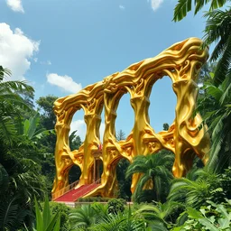 photo of a giant sculpture made of liquid gold and chrome in the jungle, with beautiful great arches and detail, architecture carved for a titan