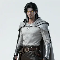 Photo of the character with pale ash-colored skin, glowing bright yellow eyes with vertical pupils, black thick hair with a touch of gray to the shoulders, with neat stubble, similar to a small beard and with a strong build. He wore a plain old shirt, with a light leather armor over it, and leather pants with a belt, and a floor-length hooded cloak over his back, beautiful light, cinematic, shrap focus, digital art, full body, elegant, highly detailed, 8k, photorealism