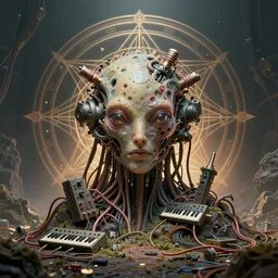 a centered render of an alien bio - organic landscape adorned with cables and synthesizer parts is surrounded by sacred geometry, bio - mech face, powerful, cinematic, beautifully lit, by artgerm, by h. r. giger, 3 d, trending on artstation, octane render, 8 k