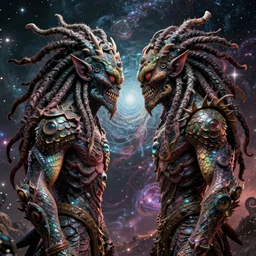 a mad psy monster with dreadlocks wo sharp heads that look sternly at each other, it has several eyes and scales on the misshapen body, psychedelic cosmic horror,