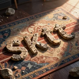 pieces of broken rock instruments spelling out the word SKATE on a retro 80s carpet