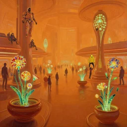 a minimalist bioluminescent oil painting by donato giancola, warm coloured, cinematic scifi luxurious futuristic spaceport crowd awaiting transit to space with microscopy stained glass flowers growing out of pretty bulbous ceramic fountains, gigantic pillars and flowers, maschinen krieger, beeple, star trek, star wars, ilm, star citizen, mass effect, artstation, atmospheric perspective