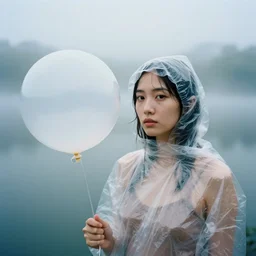 a closeup portrait of a woman wrapped in plastic, standing next to a levitating mylar orb, in a foggy lake, color photograph, by vincent desiderio, canon eos c 3 0 0, ƒ 1. 8, 3 5 mm, 8 k, medium - format print