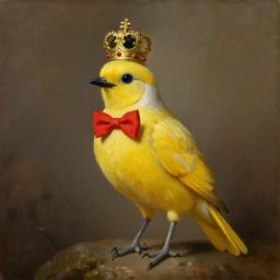 an elegant royal yellow bird wearing a crown and a red bow tie by rembrandt, oil painting, high quality