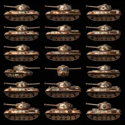 overhead view, digital painted rusted dieselpunk tank game asset sheet, grid arrangement, black background, unity asset store, by greg rutkowski, trending on artstation