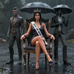 3 d octane render unreal engine of miss of the world in the rain sitting on the chair by conrad roset and artgerm and artgerm and artgerm