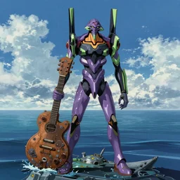 < neon genesis evangelion > stands in the ocean with a big < steampunk guitar >, movie poster,, 3 d anime, arcane style, retropunk, high resolution, 4 k, retrofuturism, by < yoshiyuki sadamoto > and ghibli