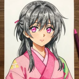 woman ; ashy hair ; pink eyes ; bright colours ; idol ; tan skin ; wearing kimono ; drawn by mengo yokoyari and artgerm ; digital art ; high detail ; trending on artstation ; anime key visual