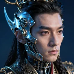 hyperrealistic close-up rococo exoskeleton! chinese man highly detailed concept art eric zener elson peter cinematic blue lighting high angle hd 8k sharp shallow depth of field
