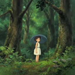 A rainy forest in the style of Ghibli Studio and Dan Mumford, detailed