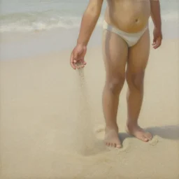 a full shot of a little man, standing on a beach, his hand slowly dissolving in sand and disappearing, early morning lighting, elegant, subtle, intricate details, real masterpiece, oil on canvas, by somsak anong