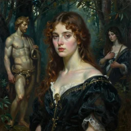 The portrait of beautiful woman in mystic forest by Ilya Repin, William Blake, Michelangelo da Caravaggio and Beksinski, highly detailed oil painting, trending by artstation, dramatic volumetric lighting, fantasy character, 4k, masterpiece