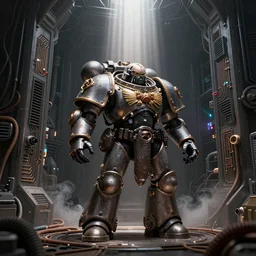 hyperdetailed baroque, warhammer 40k, Space Marine Primarch Standing in Light Shaft, walls embedded with circuitry and wires, smoke from vents in walls, plugs, hoses, ventilation, night scene, hyperrealism, octane render, defuse light, high detail, 8k, photo realistic , hr giger, establishing