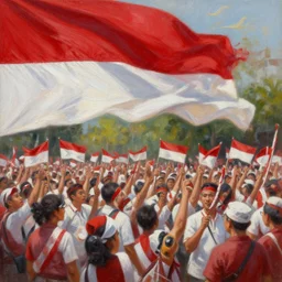 Oil painting of Independence Day Celebration in Indonesia with Indonesian Flag in the background, high detail painting