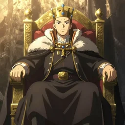 a king on a throne drawn by Makoto Yukimura in the style of Vinland saga anime, full color