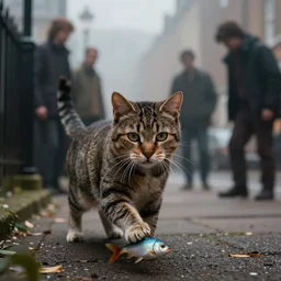 portrait of a cat playing outside, nicoletta ceccoli, mark ryden, lostfish, hyung tae, frank frazetta, depth of field, detailed and intricate foggy london evening london environment, 8 k resolution, hyperrealistic, octane render