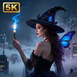 hyperrealistic portrait of amber heard as a vampire witch back over - the - shoulder full shot waving a lit candle wand azure flame, sapphire butterflies wings, ornate raven hat fabric mystic fog smoke, above the clouds skyscrapers. by jeremy mann, bouguereau, ( alma tadema ), fantasy art, photo realistic, dynamic lighting, artstation, poster, volumetric lighting, 4 k, award winning