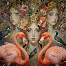 breathtaking detailed concept art painting art deco pattern of faces goddesses of flamingo with anxious piercing eyes and blend of flowers and birds, by hsiao - ron cheng and john james audubon, bizarre compositions, exquisite detail, extremely moody lighting, 8 k