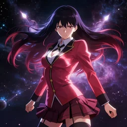 portrait of Yumeko Jabami from Kakegurui, real life, realistic, as the Goddess of the Multiverse, rule of thirds, captivating glowing lights, posing for battle, seductive, revealing, set on interstellar space, photo realistic by Miyazaki , artstation, unreal engine, character concept art by Moebius, high quality printing