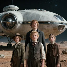 sharp, highly detailed, film from a 2 0 1 9 sci fi 1 6 k movie, set in 1 8 5 0, a family standing in front of their spaceship that has just landed on an alien planet, wearing 1 8 5 0 s clothes, atmospheric lighting, in focus, reflective eyes, 3 5 mm macro lens, live action, nice composition
