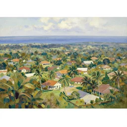 john la farge's second paradise, tropical suburban town landscape, impressionist watercolor by john la farge and thomas cole, cinematic