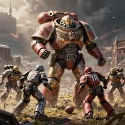 digital art of 40K Space Marines playing football. Detailed.