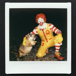 a Polaroid of Ronald McDonald slapping a gopher, 1989