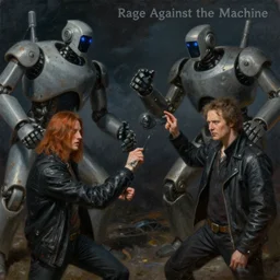 concept art, of a [ rage against the machine ] band memebers fighting with robots!!!, detailed, close shot, dark concept art, dark skies painting by wlop, nixeu and greg rutkowski, beautiful, semirealism, artstation, octane render, oil painting, sharpness, 8 k, golden ratio