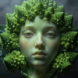 romanesco brocoli female face, arcimboldo, close up, highly detailed, dramatic intense lighting, deep shadows, wet, foggy