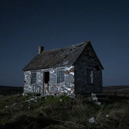 A singular rotting cottage on a mountaintop at night, by Lee Madgwick, hyperrealistic, Octane 8k UHD