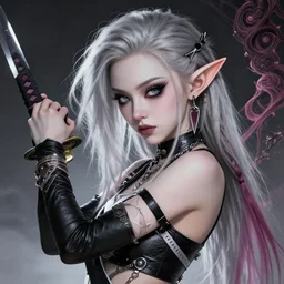 grimes with elf ears, silver hair, beautiful anime warrior, masterpiece by shikinami asuka langley, ernst haeckel, trending on artstationl, digital art, japanese anime art, incredible detail, pop star grimes, elf ears, katana