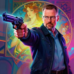 portrait of walter white pointing a gun wing one hand, extended arm, by etam cru, cyberpunk color, colorfull rimlight, by alphonse mucha, by surudenise, beautiful, epic camera, colorful background, refraction and reflexion, digital painting, dynamic colors, artstation, graffiti, neon