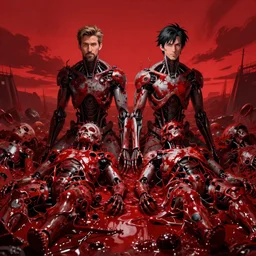 Ryan Gosling twins emerging from corpses in a red hellscape covered in blood by Yoshitaka Amano, by HR Giger, full body wide shot, biomechanical, 4k, hyper detailed, hyperrealism, anime, red sky, blood and body parts, deviantart, artstation