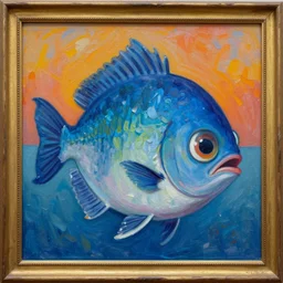 surreal painterly front - facing view of a blue fish with big eyes, vibrant impasto framed oil painting,